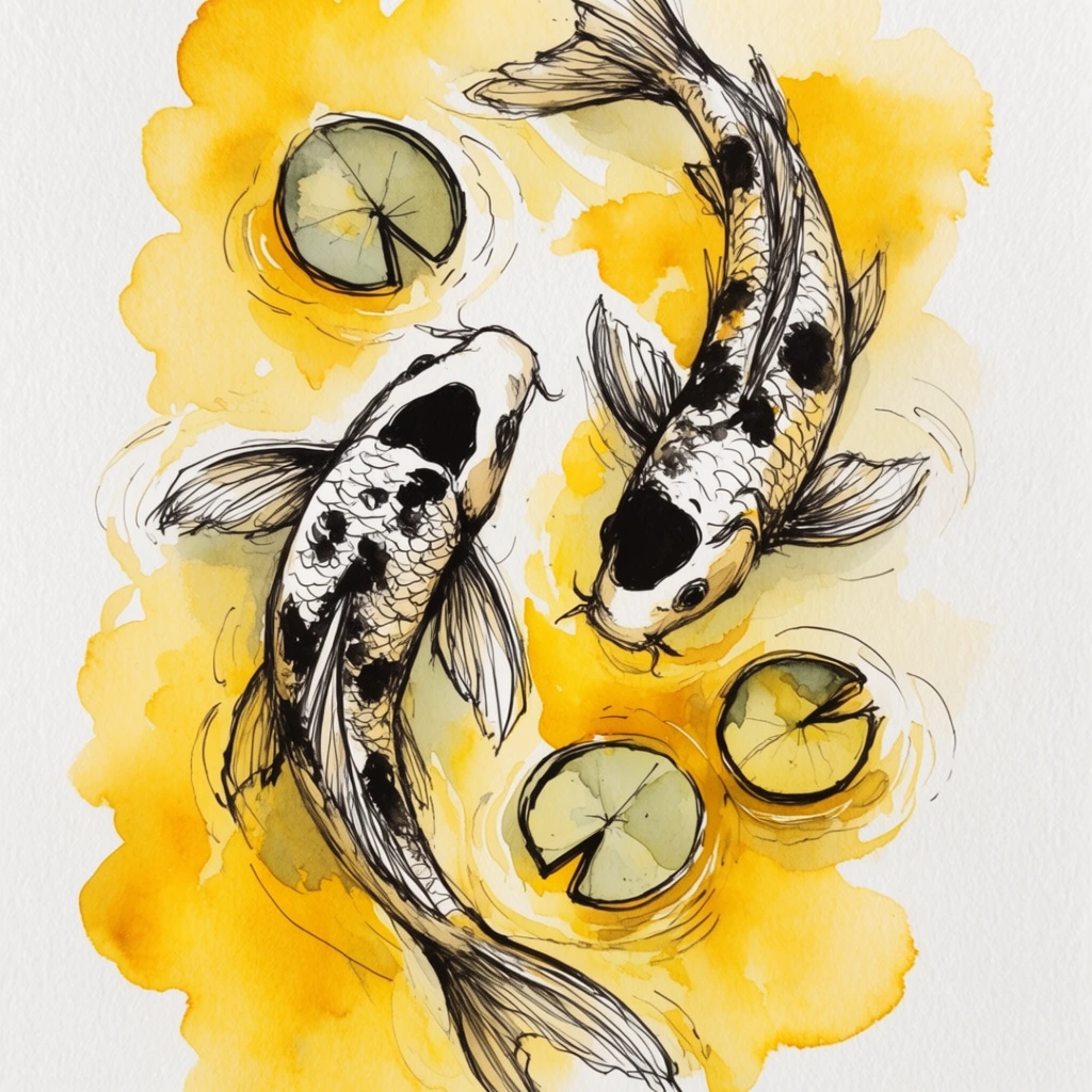 A top-down watercolor and ink illustration depicting two koi fish swimming among three small lily pads. The fish are rendered with expressive, scratchy black ink lines detailing intricate scales, flowing fins, and solid black head markings. The rounded lily pads have dark outlines and pale greenish-yellow interiors. Surrounding the subjects are loose, abstract washes of vibrant golden-yellow watercolor blooming organically across textured white paper. Delicate, swirling black ink lines form water ripples, contrasting the crisp linework with the fluid, loose yellow pigment.