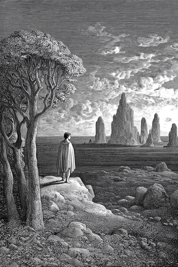 Monochrome Etched Surrealism style AI image example 2