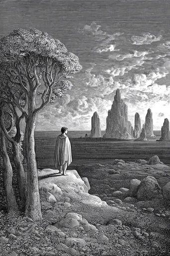 Monochrome Etched Surrealism style AI image example 2