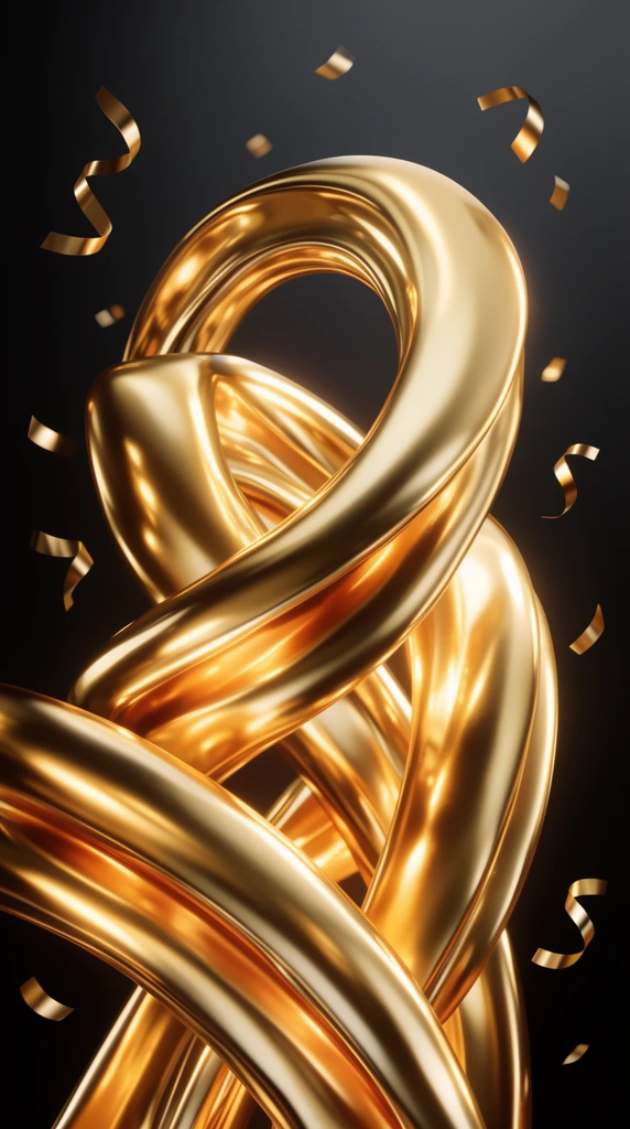 abstract golden 3D sculpture, fluid ribbon-like intertwining shapes, glossy metallic gold finish, thick rounded cylindrical forms curving gracefully, highly polished surface with bright specular highlights, subtle glowing underlayer, scattered curling golden metallic confetti pieces floating in mid-air, deep matte black background with subtle radial gradient, dramatic studio lighting, rich warm golden tones contrasting with dark backdrop, high-end luxury aesthetic, smooth 3D rendering, hyper-realistic reflections, sharp focus