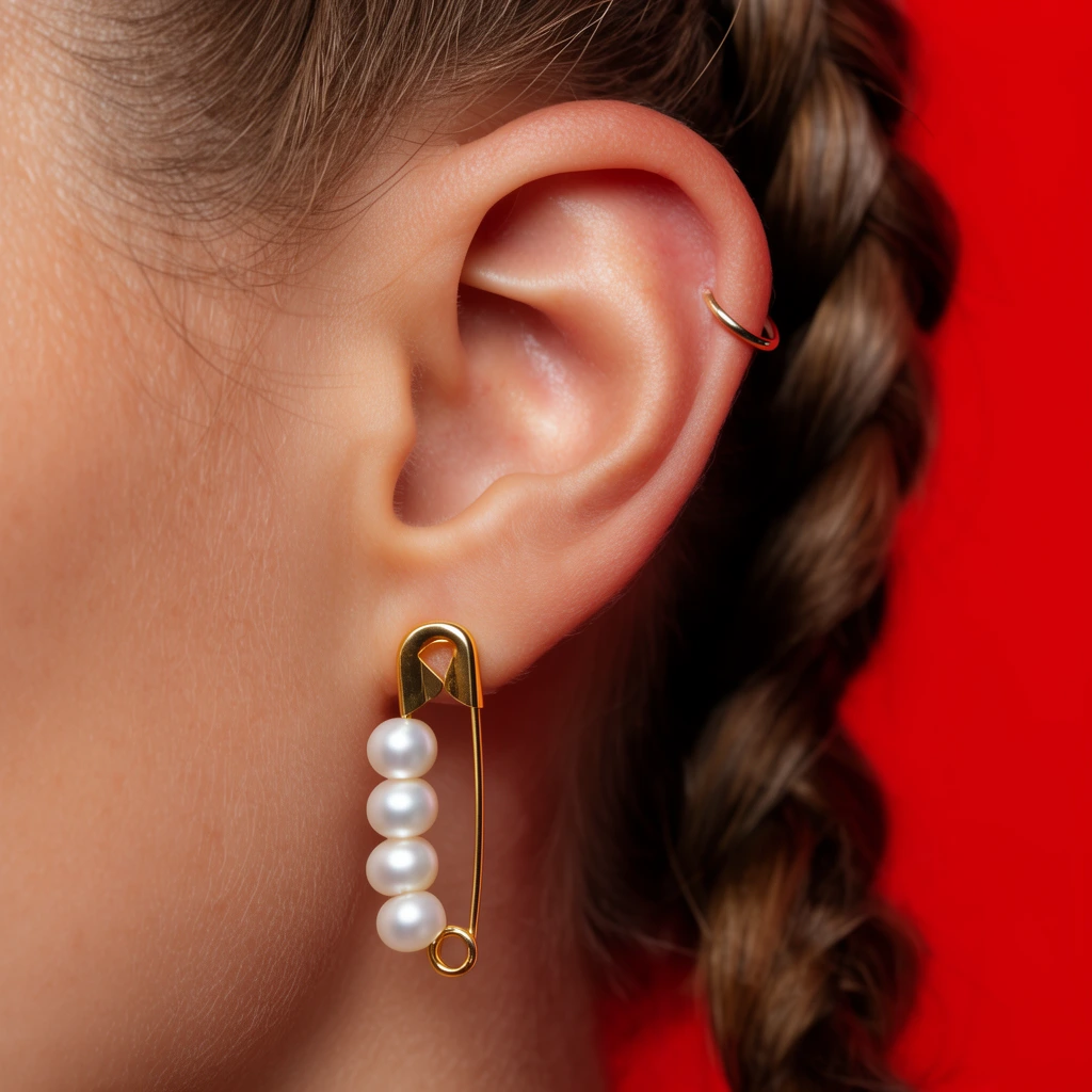 macro close-up of an ear, gold safety pin earring with four white pearls, tiny gold cartilage hoop, brown braided hair, solid red background, sharp focus