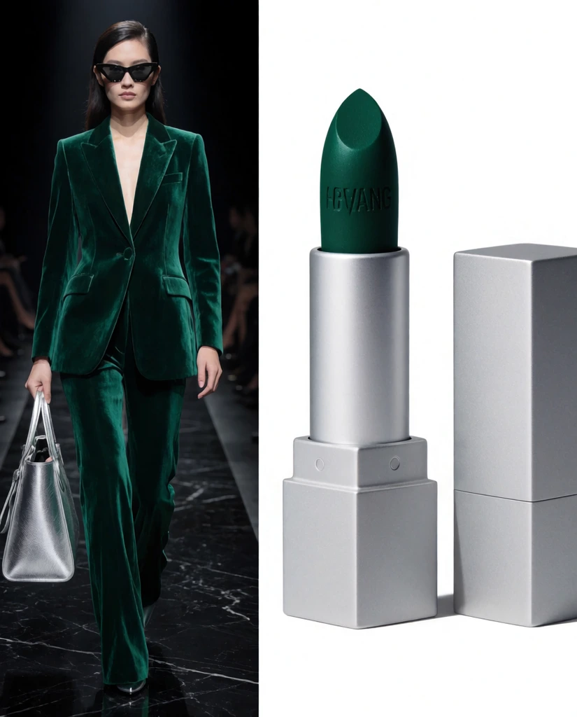 A split composition showcasing runway fashion and cosmetics. On the left, a model walks down a black marble runway wearing an emerald green velvet pantsuit, angular sunglasses, and holding a silver leather tote. On the right, a macro studio shot displays an emerald green lipstick bullet emerging from a minimalist matte silver geometric case next to its matching cap. Both sides share sharp studio lighting, luxurious textures, and a high-end editorial aesthetic.