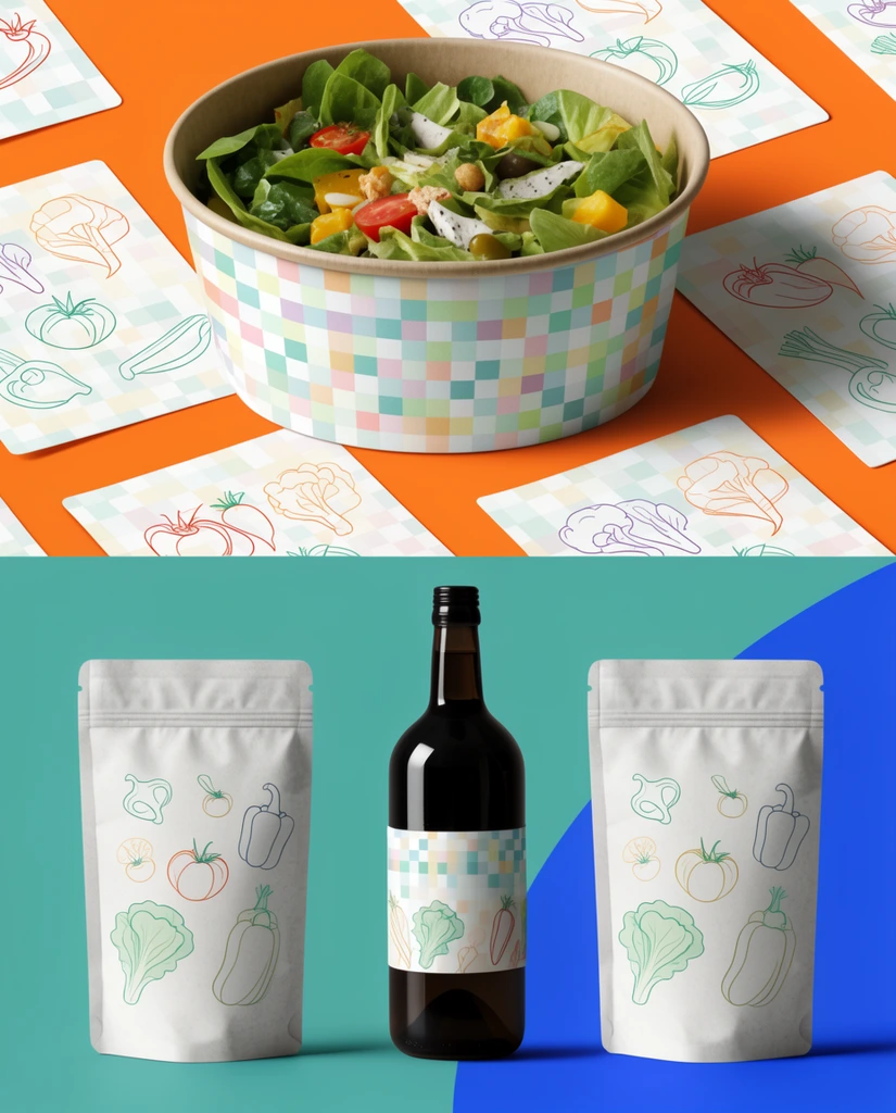 modern packaging mockup collage, scattered cards with pastel checkered vegetable line art, salad bowl with patterned sleeve, dark glass bottle, stand-up pouches, vibrant color-blocked backgrounds of orange teal and blue, crisp studio lighting, distinct drop shadows
