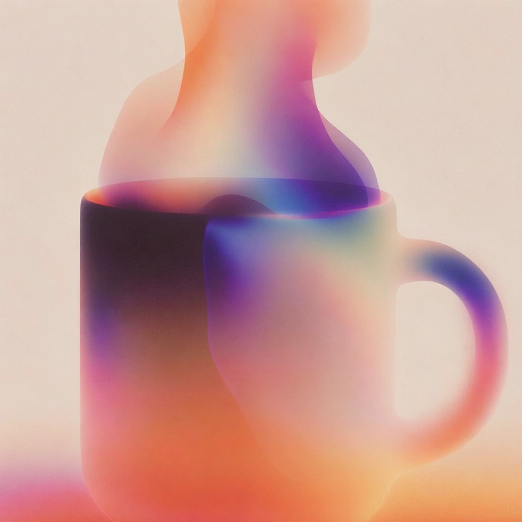 minimalist ceramic mug centered in frame, ethereal flames rising from liquid, heavy gaussian blur, fine film grain and noise, vibrant gradient palette of deep indigo, magenta, coral pink, and sunset orange, translucent layered silhouettes, soft diffused lighting, ethereal internal glow, minimalist composition against a light beige textured background, abstract and dreamlike aesthetic, smooth transitions between warm and cool tones, soft focus, professional cgi rendering.