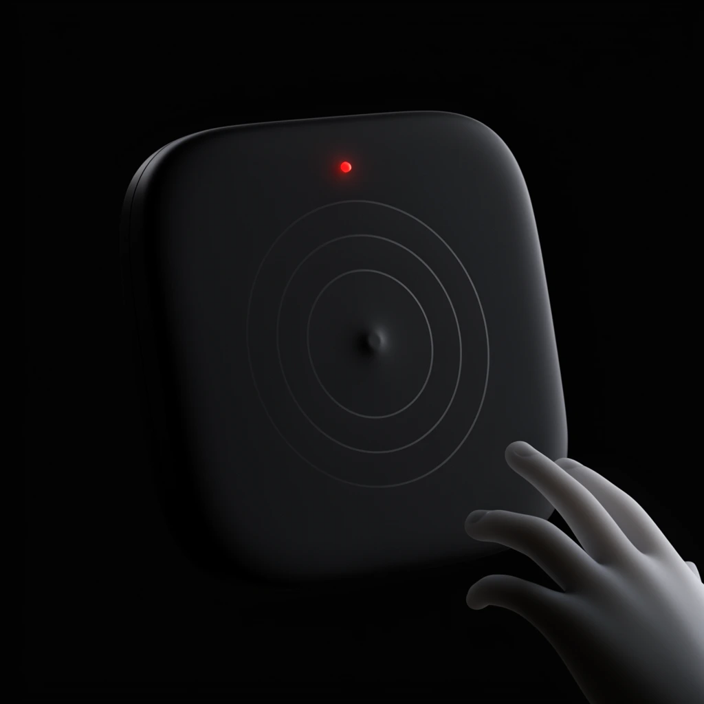 A matte black, square device with rounded corners floats in a pitch-black void. The smooth surface features three faint, concentric grey circles around a small central dimple, topped by a single glowing red dot. In the lower right, a smooth, pale grey hand reaches toward the device with partially curled fingers. The composition utilizes ultra low-key lighting, emphasizing minimalist 3D rendering and stark contrast between the matte hardware, the luminous red indicator, and the reaching hand.