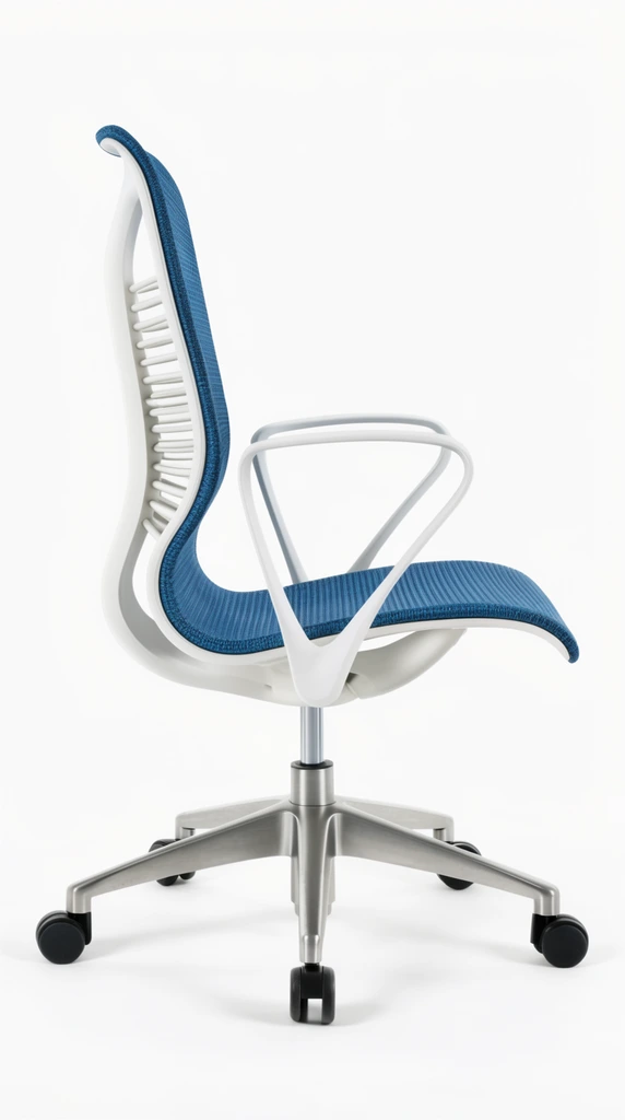 modern ergonomic office chair in side profile, continuous curved blue woven mesh seat and backrest, white skeletal plastic frame with ribbed flexible spine, looping white armrests, silver metal pneumatic stem, five-star brushed aluminum base, black rolling casters, pure white background, high-key studio product photography
