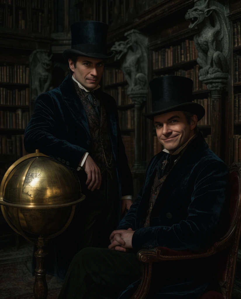 two men in dark velvet coats and top hats, one leaning on a brass globe, the second seated smiling slyly, dimly lit ancient library, tall bookshelves, stone gargoyles, dramatic chiaroscuro lighting, cinematic