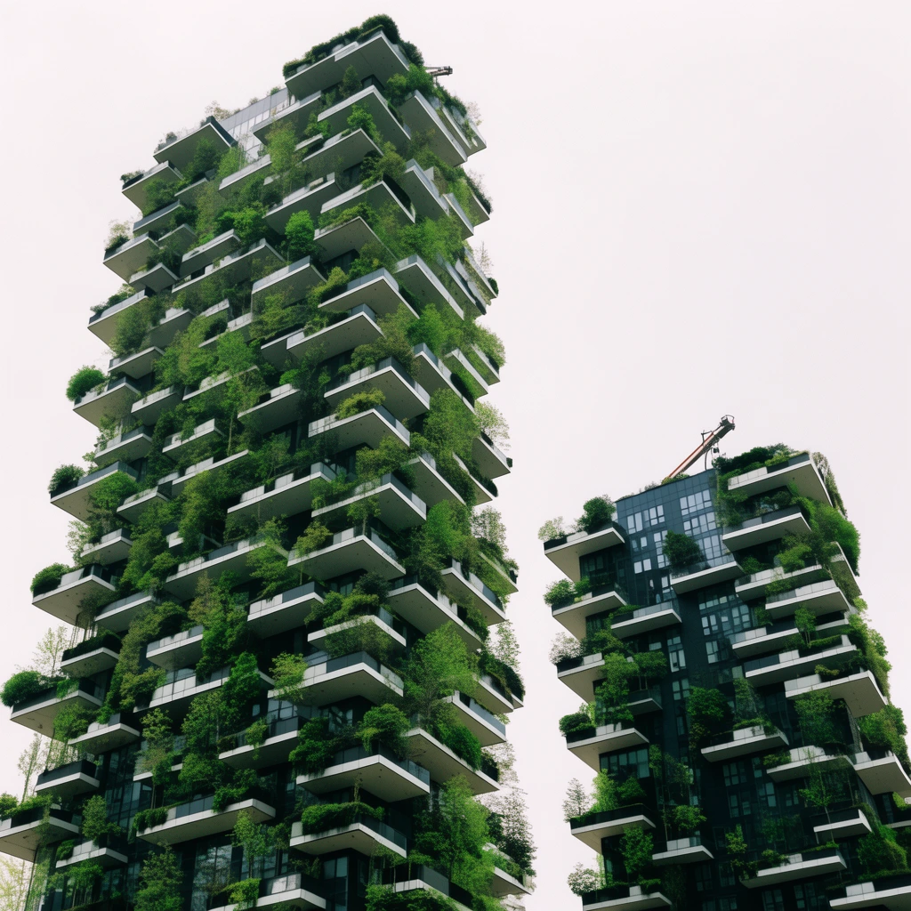 Two modern skyscrapers feature dark facades and white cantilevered balconies densely planted with vibrant green trees and shrubs. Captured from a low-angle perspective, the towering structures dominate the composition against a flat overcast sky. The architectural photography highlights the stark contrast between the rigid geometric buildings and their organic vertical forests, with a small maintenance crane visible atop the slightly shorter rightmost building.