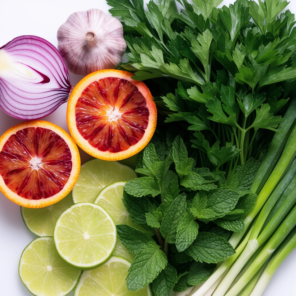 A vibrant overhead flat lay of fresh produce on a white surface. A halved red onion, a whole garlic head, and juicy blood orange halves sit above overlapping lime slices. A dense bundle of green flat-leaf parsley, fresh mint, and scallions fills the right. Bright studio lighting highlights crisp textures and saturated contrasting colors.