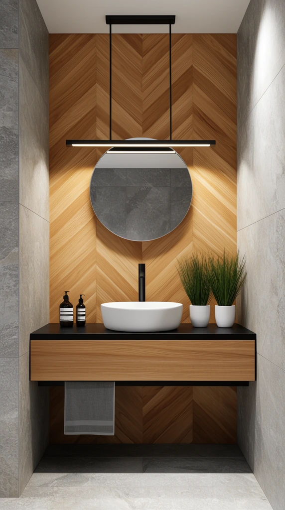A modern vanity against a warm wood chevron wall centers on a frameless round mirror intersected by a suspended black linear light fixture. A floating wooden cabinet with a black countertop holds a white vessel sink and tall black faucet. Spiky green plants in white pots sit right, balanced by dark dispenser bottles left. A grey towel hangs below. Large grey stone tiles frame the architecturally lit, geometrically precise space.