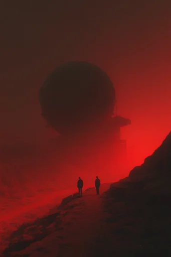 Crimson Dystopian Minimalism style reference image — atmospheric red haze