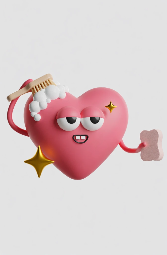 A vibrant pink, three-dimensional heart character with a playful expression is depicted cleaning itself against a plain, light-gray background. The heart has large, half-lidded white eyes with black pupils and a small, smiling mouth that reveals two square white teeth. Its thin, flexible pink arms are positioned in motion; the left arm is raised high, holding a light-colored wooden brush with tan bristles that is scrubbing the top of its head, creating a cluster of white soap bubbles. The right arm extends to the side, gripping a rectangular, textured light-pink sponge. Two glossy, four-pointed gold stars sparkle around the character, one positioned near its lower left and a smaller one near its upper right eye. The 3D render features smooth, rounded surfaces with soft highlights and shadows that suggest a gentle light source from the upper left. The overall artistic style is a modern digital illustration with a clean, centered composition and a bright, saturated color palette.