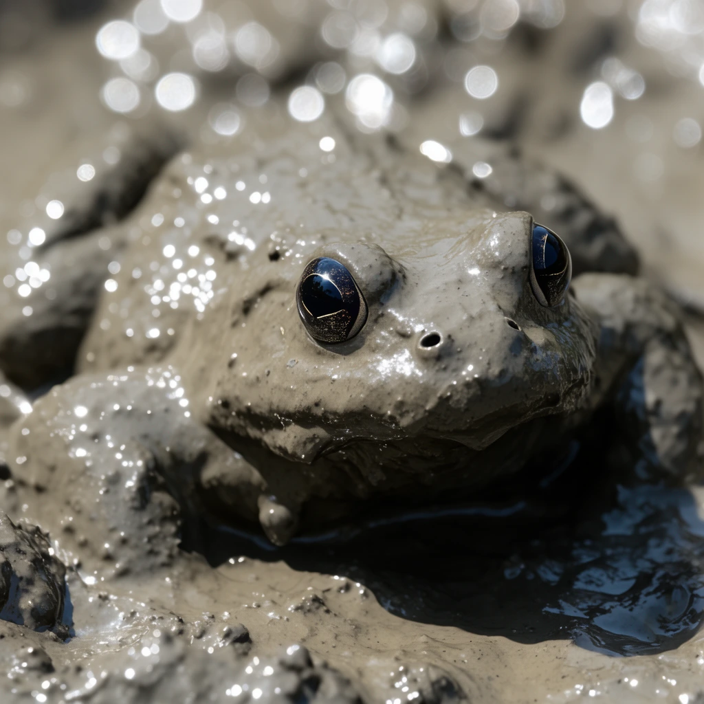 A close-up of a frog heavily encased in thick, wet, grey-brown mud, revealing only large, dark, bulbous eyes. Brilliant white specular highlights gleam across the lumpy, highly reflective mud. The shallow depth of field blurs the surrounding muddy terrain into a hazy background of bright circular bokeh under intense, direct lighting.