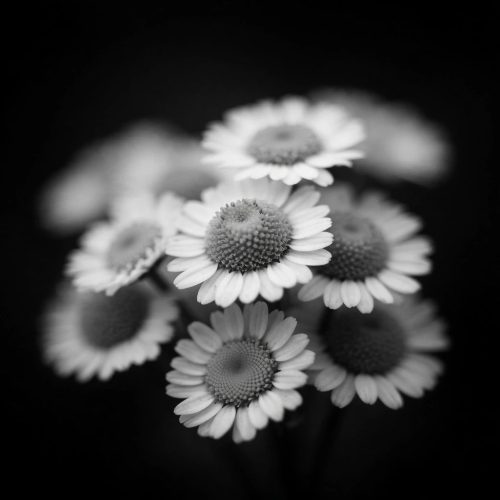 Monochromatic macro photography of a daisy cluster emerging from a pitch-black void. The central blooms are in sharp focus, revealing intricately textured dome-like centers and delicate radiating white petals. Surrounding flowers in the foreground and background dissolve into soft blurred bokeh. High-contrast diffused lighting emphasizes the stark white tones against deep shadows, utilizing a remarkably shallow depth of field to create a moody, ethereal composition.