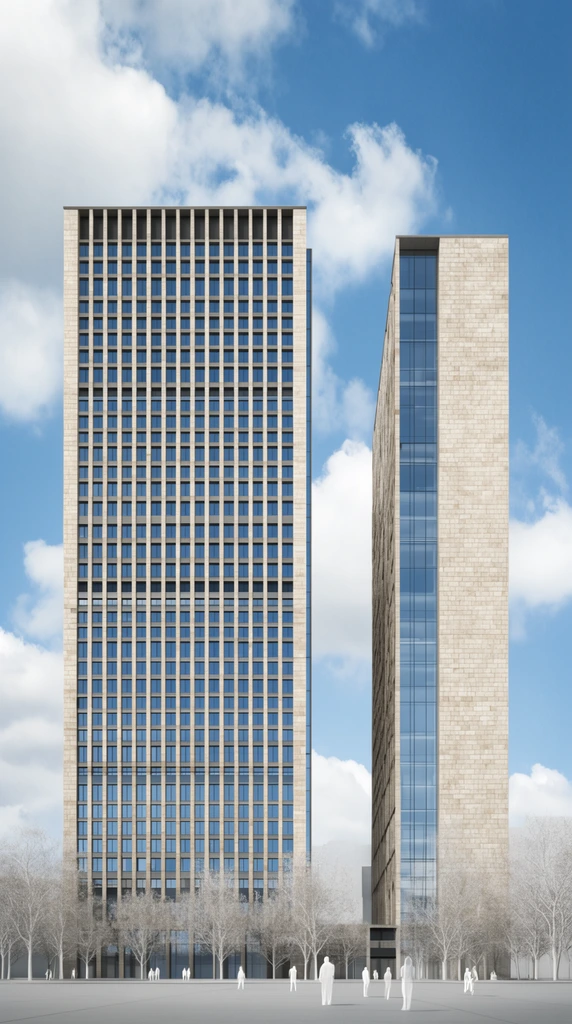 Two modern high-rise buildings in an architectural elevation rendering stand against a bright blue sky with fluffy white clouds. The wider left building features a dense grid facade of light beige stone and blue windows. The narrower right building combines matching stone with a distinct vertical glass curtain wall. Pale, leafless trees line the ground level. Small translucent white human figures are scattered across the flat gray foreground plaza, contrasting the precise, technical geometry.