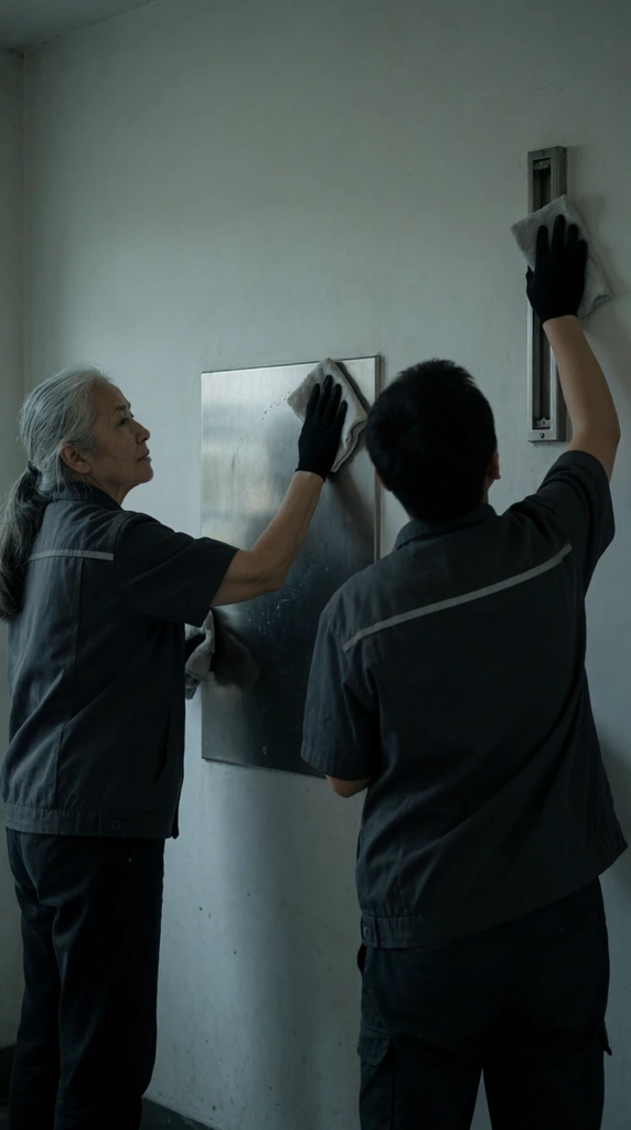 two maintenance workers in matching dark short-sleeve uniforms and black gloves cleaning a stark off-white wall in a dimly lit interior, older woman on the left in profile with long grey hair tied back wiping a brushed metal panel with a white cloth, second person on the right viewed from behind reaching high to wipe near a narrow metal fixture, muted cool-toned color palette, low-key lighting with soft shadows, cinematic medium shot from an eye-level angle, realistic slice-of-life photography