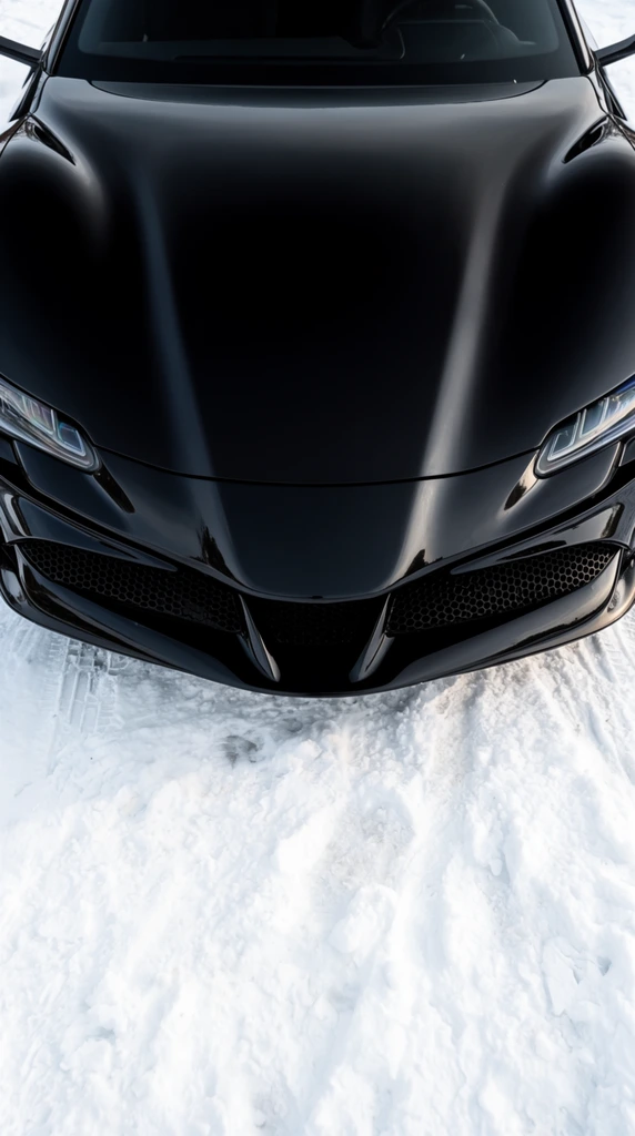 A high-angle, symmetrical close-up captures the front fascia of a glossy black sports car resting on a textured bed of bright white snow. The aerodynamic hood features deep, sculpted contours flowing downward toward a pointed central nose. Slim, angular headlights with segmented internal elements sit flush against the fenders. Below the nose, a wide intake grille displays a dark honeycomb mesh pattern flanked by curved splitters. The highly polished paint acts as a dark mirror, contrasting intensely with the cold environment. The ground is covered in uneven, packed snow marked by subtle tire tracks and shallow indentations. The centered composition utilizes crisp natural lighting, creating a dramatic, high-contrast interplay between the obsidian vehicle surfaces and the stark winter landscape.