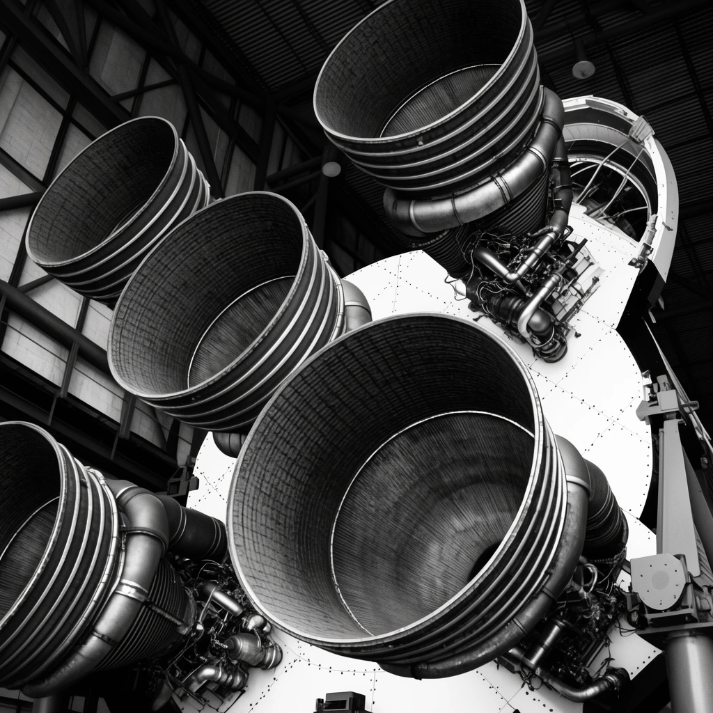 Five colossal rocket engines cluster on a white booster base in a high-contrast black-and-white photograph. Viewed from a dramatic low angle, the deeply ribbed bell nozzles and intricate exterior plumbing dominate the frame. Crisp lighting accentuates the metallic engineering against a dark industrial hangar with exposed steel girders.