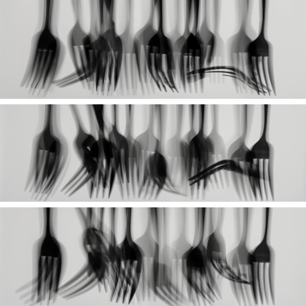 A vertical triptych of three stacked horizontal rectangular panels separated by solid white borders, capturing numerous forks falling downward, including several with bent and broken tines. The descending utensils are rendered in high-contrast black and white photography featuring severe motion blur and multiple-exposure ghosting. The falling movement stretches the dark charcoal and deep black forms into abstract, overlapping, semi-transparent silhouettes. The bent and snapped pieces create irregular, sweeping directional streaks with soft, smeared edges. These ethereal, heavy dark shapes contrast sharply against a stark, flat, light gray background, generating smooth gradients and a ghostly, rhythmic repetition across the three distinct frames.