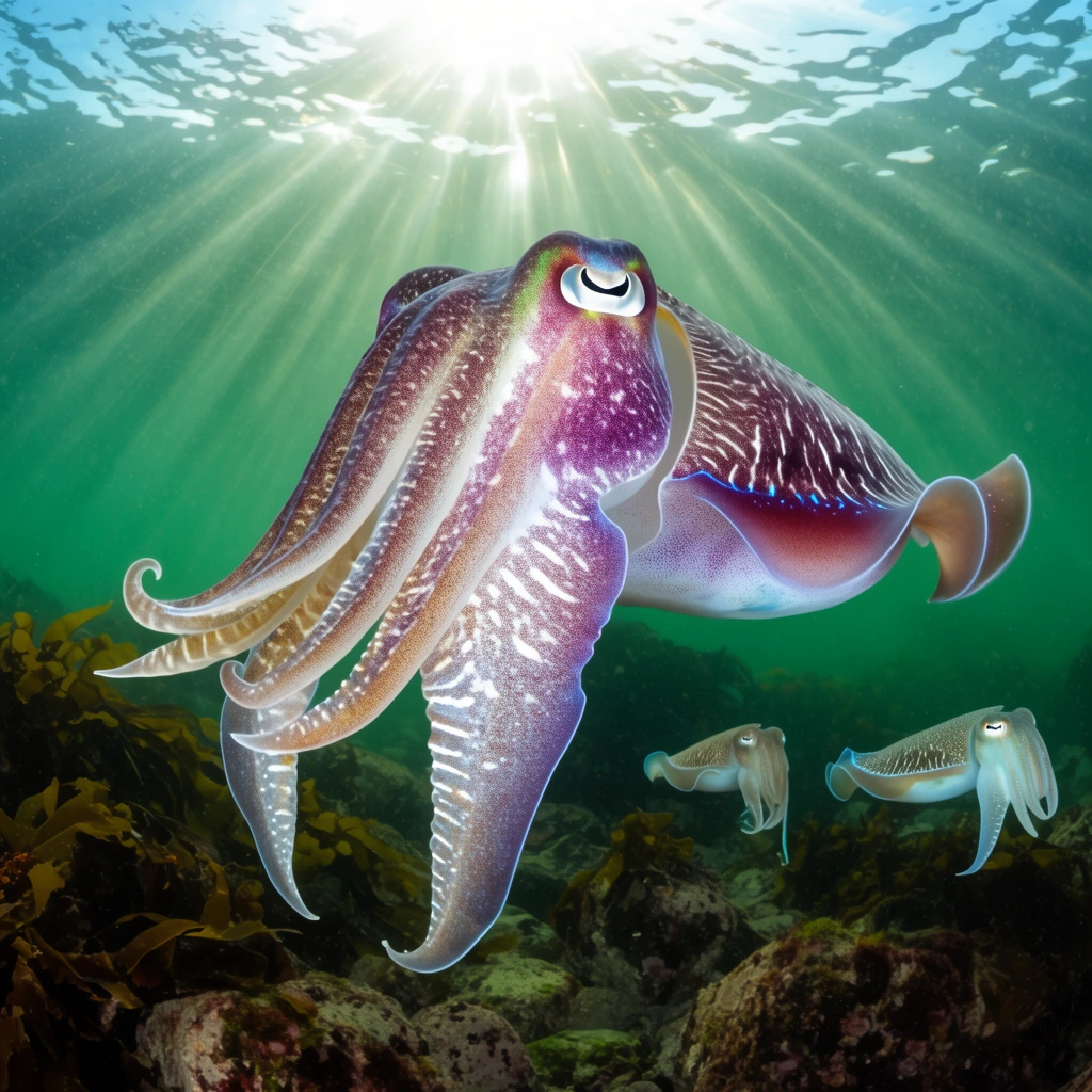 A large cuttlefish with mottled purple and white skin swims in green ocean water, its broad tentacles curled gracefully downwards. Bright sunbeams pierce the rippled water surface above, casting dramatic rays over the kelp-covered rocky seabed where two smaller cuttlefish trail behind. The image features wide-angle underwater photography with sharp focus on the central marine animal.
