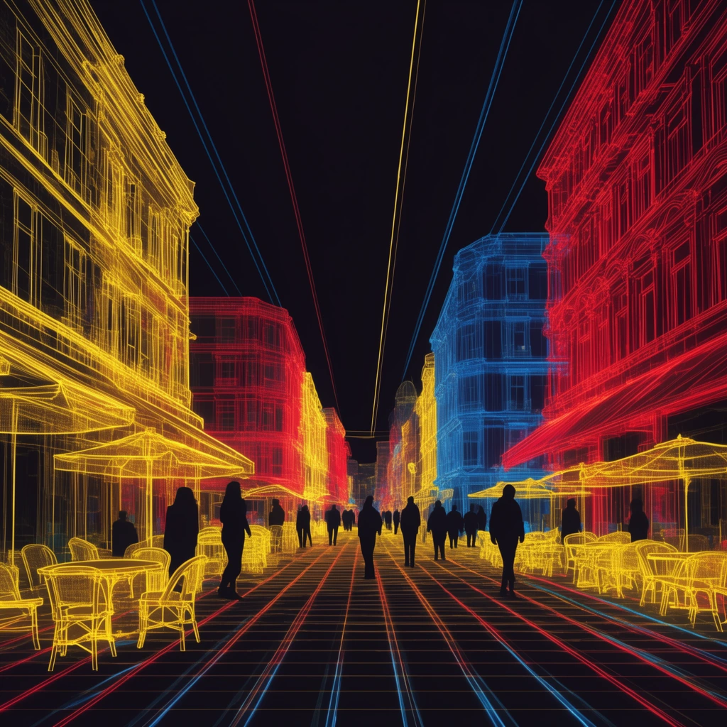 Glowing neon wireframe illustration of a city street against a pitch-black background. Vibrant yellow, red, and blue lines define multi-story buildings, cafe tables, and an illuminated ground grid. Dark silhouetted figures populate the space while dramatic perspective lines shoot into the dark sky.