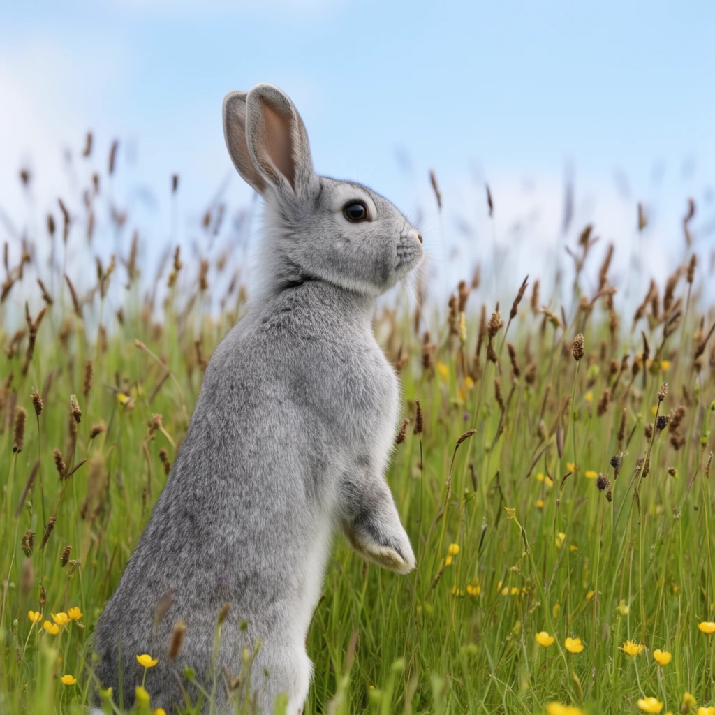 grey rabbit standing upright on hind legs, alert posture looking right, swept back ears, soft grey fur, dense field of tall green grass, brown seed heads, small yellow wildflowers, natural daylight, light blue sky, faint clouds, shallow depth of field, wildlife photography