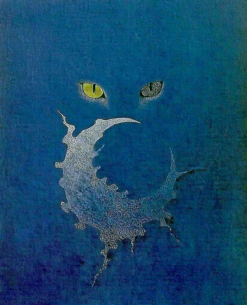 surrealist illustration style, monochromatic deep ultramarine blue background with heavy stippled lithograph texture, a central glowing crescent-shaped object with jagged and ragged edges rendered in a silver-white pointillist finish, high contrast lighting with soft ethereal gradients, floating glowing yellow feline eyes positioned above the crescent, dreamlike and eerie atmosphere, minimalist centered composition, vintage mid-century aesthetic, grainy pointillist details.