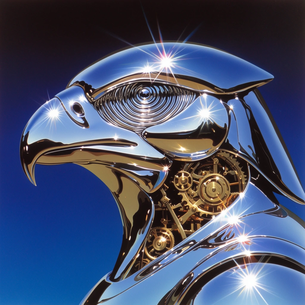 chrome avian mecha profile, sharp metallic beak, rippling concentric patterns inside eye slits, exposed brass clockwork in neck cavity, hyper-reflective liquid metal, intense starburst highlights, 1980s airbrush sci-fi, deep blue gradient background