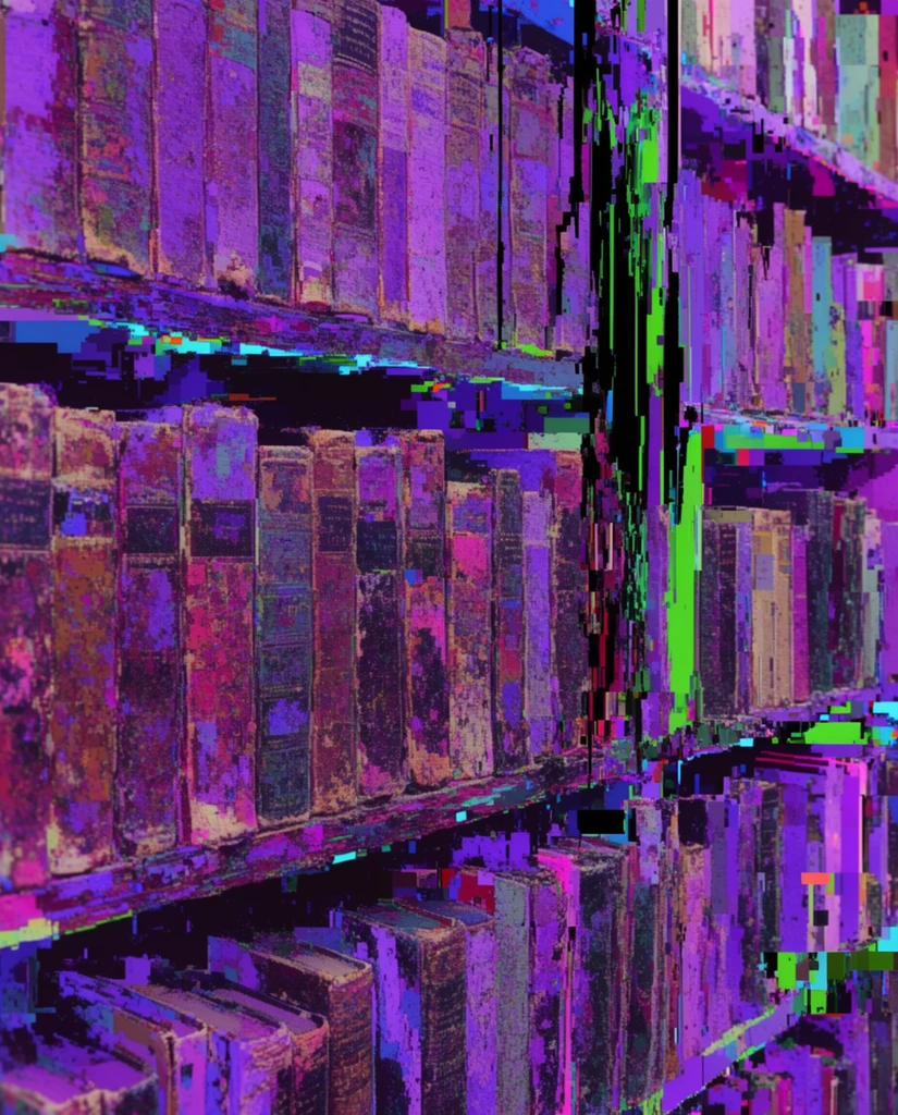 Several rows of bookshelves extending into the background, filled with vertically standing old, worn books, rendered in a heavily pixelated, corrupted digital glitch art style. The textured spines of the numerous books and the structure of the shelves are dominated by a highly saturated wash of neon purple, vivid violet, and deep magenta. Aggressive digital tearing, data moshing, and chunky block artifacts fracture the composition, slicing through the scene with sharp vertical and horizontal streaks of stark black, bright acidic green, and neon cyan. The aged surfaces of the books are broken into coarse, low-resolution pixel clusters, giving the entire environment a degraded, retro 8-bit computer graphic aesthetic. The receding perspective of the deep shelf rows is distorted by heavy compression artifacts, jagged aliased edges, and intense color blocking, evoking severe digital file corruption and technological decay.