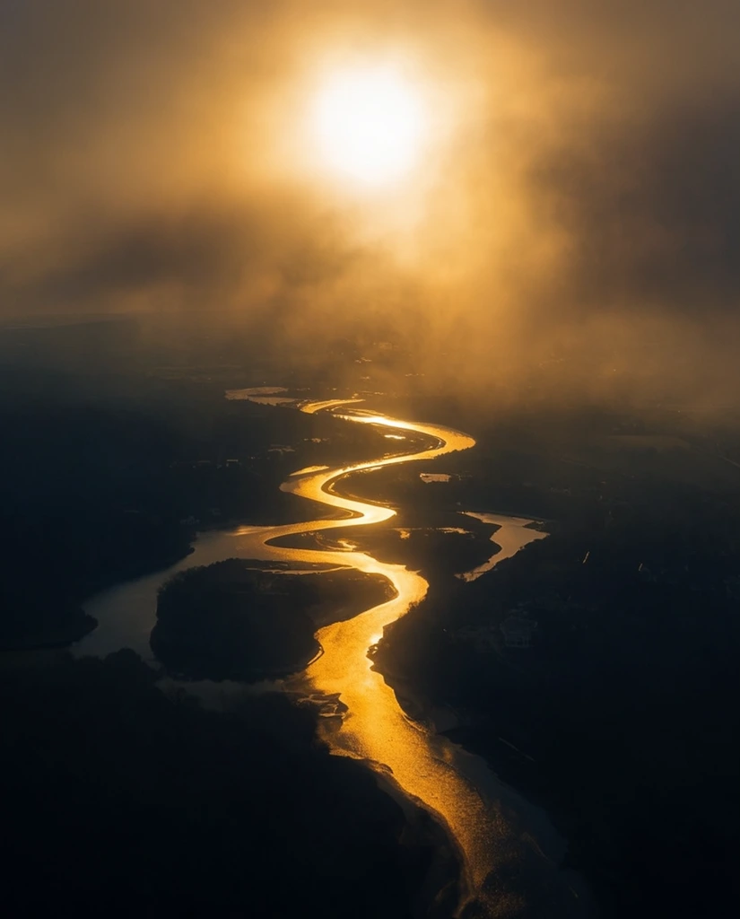 Aerial photograph of a winding river glowing with intense golden sunlight against a dark silhouetted landscape. Thick hazy clouds dominate the upper frame, diffusing the bright sun into a soft halo. The serpentine waterway creates a brilliant high-contrast path of liquid gold cutting through the shadowy terrain below in this atmospheric, moody scene.