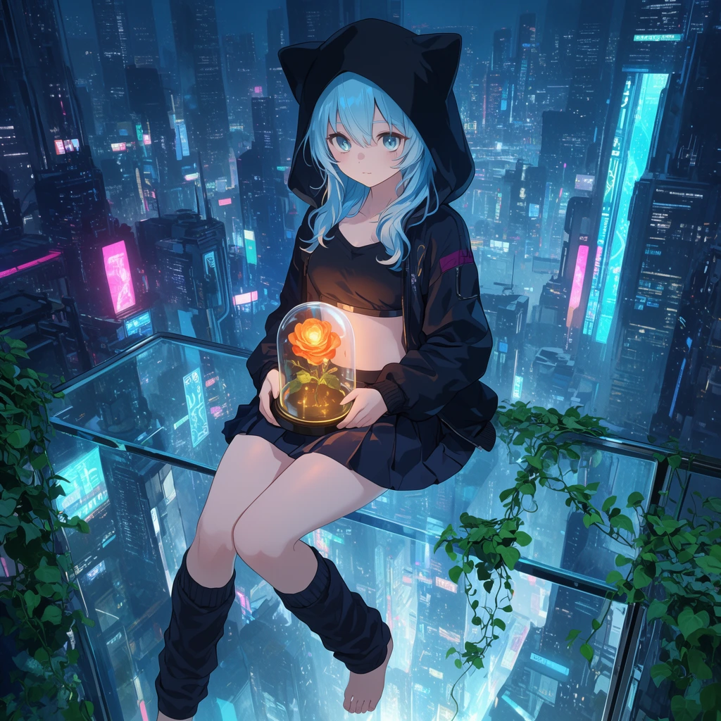anime girl sitting on a transparent glass ledge above a futuristic night city, light blue hair, black cat-ear hoodie, crop top, pleated skirt, dark leg warmers, bare feet, holding a glowing orange rose inside a glass dome, green vines dangling over the railing, sprawling cyberpunk metropolis background, towering skyscrapers, glowing cyan and pink neon illuminated signs, atmospheric lighting, cool blue color palette with warm neon accents, detailed digital illustration, high angle perspective