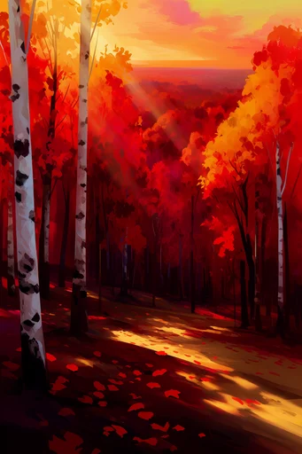 Luminous Crimson Woodland style reference image — high-contrast landscape