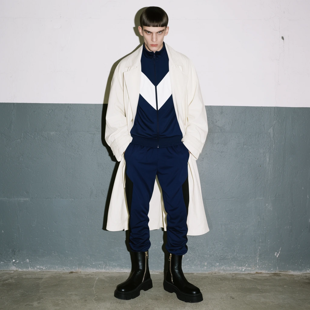 A male model stands against a two-toned concrete wall painted white above and slate grey below. He wears an oversized off-white trench coat layered over a navy athletic zip-up featuring a bold white chevron. Navy track pants with black side panels sit above chunky black leather combat boots with side zippers. He has pale skin, a blunt dark fringe, and an intense forward gaze. Harsh direct studio lighting casts a sharp shadow behind his full-body stance, highlighting the avant-garde streetwear styling.