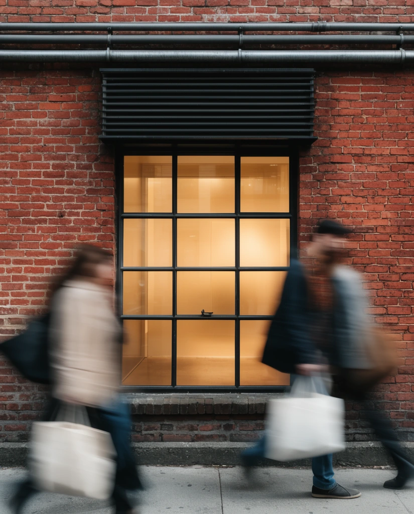 An industrial red brick facade features a warmly lit, black-framed window with nine glass panes below a dark slatted overhang and horizontal metal pipes. A glowing minimalist interior is visible through the glass. In the foreground, heavily motion-blurred pedestrians carrying bags sweep across a gray concrete sidewalk, emphasizing fluid human movement against the sharp, static architecture.