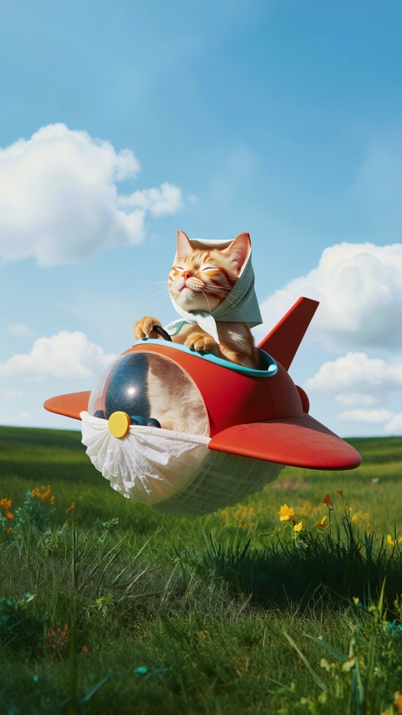 a blissful ginger cat wearing a light blue headscarf piloting a small matte-red orb-like spaceship, hovering over a hyper-saturated emerald meadow under a clear cerulean sky with soft cumulus clouds, high-key studio-lit daylight, whimsical surrealism, retro-future toy-like aesthetic, smooth matte plastic textures, vibrant primary color blocking, wide-angle perspective, sharp foreground focus, soft-focus horizon, playful diorama quality, polished commercial fashion photography style