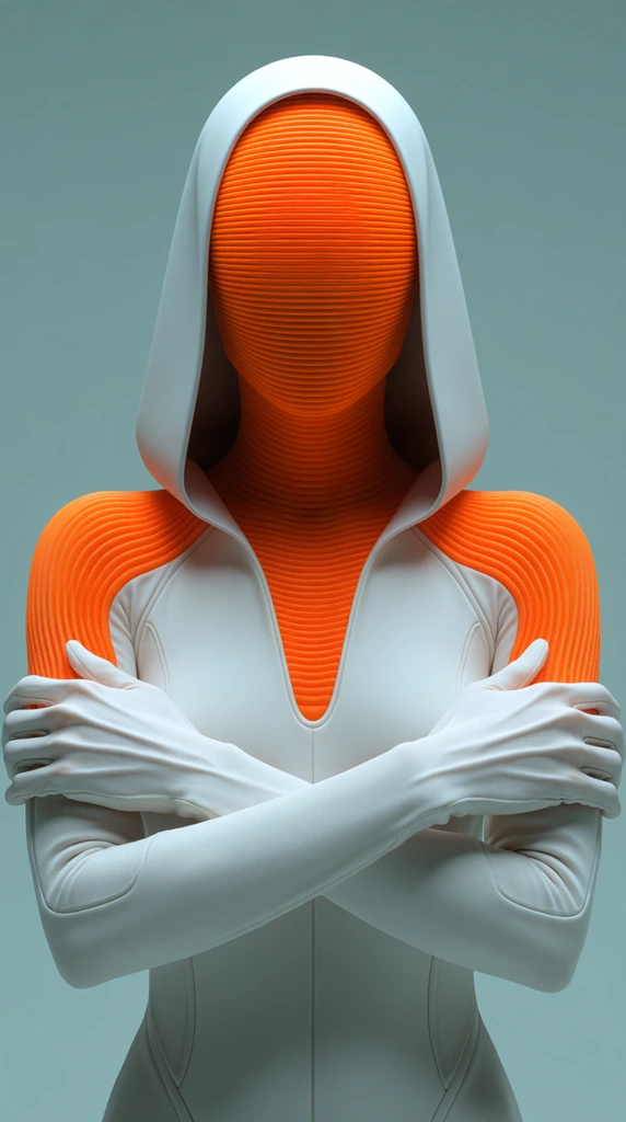 hooded humanoid figure in sleek futuristic attire with crossed arms, faceless vibrant orange horizontally ribbed visor recessed inside a smooth white hood, tight white bodysuit featuring textured orange ridges on the neck and shoulders, smooth white gloves with elongated tendon-like folds, minimalist muted teal background, soft diffused studio lighting, 3D render aesthetic, hyper-surrealism