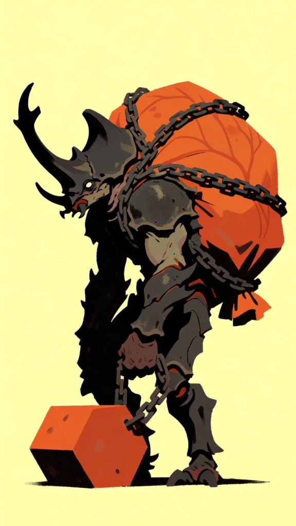 A stylized illustration depicts a hunched, humanoid rhinoceros beetle-like creature standing in profile against a solid light-yellow background. The creature is clad in dark gray, segmented armor with sharp, angular edges covering its torso, thick arms, and multi-jointed legs. Its head features two prominent black horns, one large curved horn on top and a smaller one below, with its face obscured in shadow. On its back, it carries a massive, textured orange sack with a vein-like surface pattern, crisscrossed with thick, dark metal chains to secure it. The creature's left hand holds a heavy chain that is attached to a large, hexagonal orange block resting on the ground. An additional chain drapes loosely between its legs. The artwork uses a vector-style with thick black outlines, bold silhouettes, and high-contrast lighting that casts deep shadows over the creature's front while highlighting the top surfaces of its armor and the sack. The overall color scheme is limited to black, shades of gray, and earthy orange against a pale, neutral backdrop.