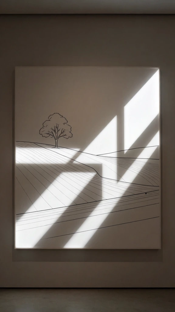 minimalist architectural line drawing of a lone tree on a rolling hill, sharp black technical outlines on a matte taupe background, brilliant integrated white light representing high-contrast sunbeams and sharp shadows, backlit lightbox aesthetic with intense chiaroscuro, serene gallery atmosphere, sophisticated minimalist composition, clean geometric framing, ethereal quality where light acts as a physical medium, soft ambient wall textures, professional museum installation style
