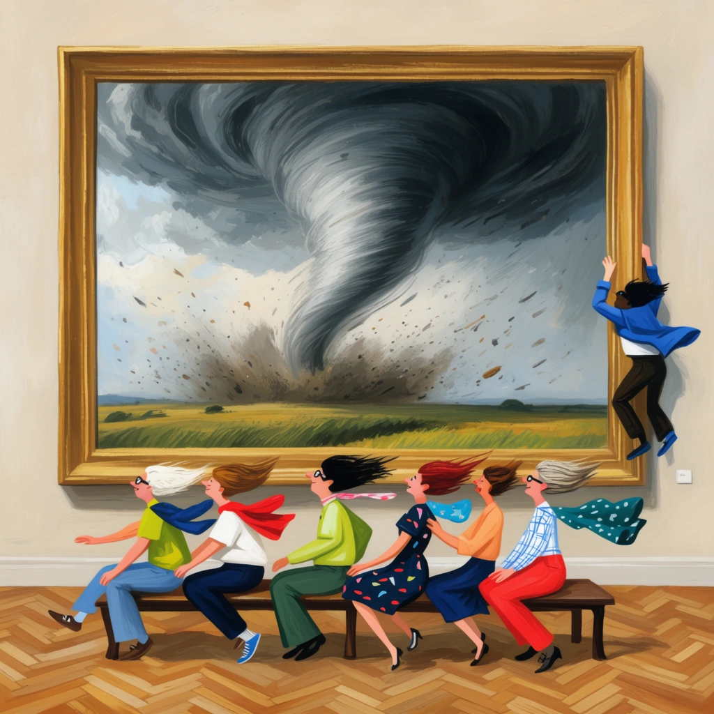 stylized museum patrons on a bench blown backward by gale-force winds emerging from a large framed painting of a violent tornado, flying hair and clothes, person clinging to the frame, herringbone floor, whimsical surrealism
