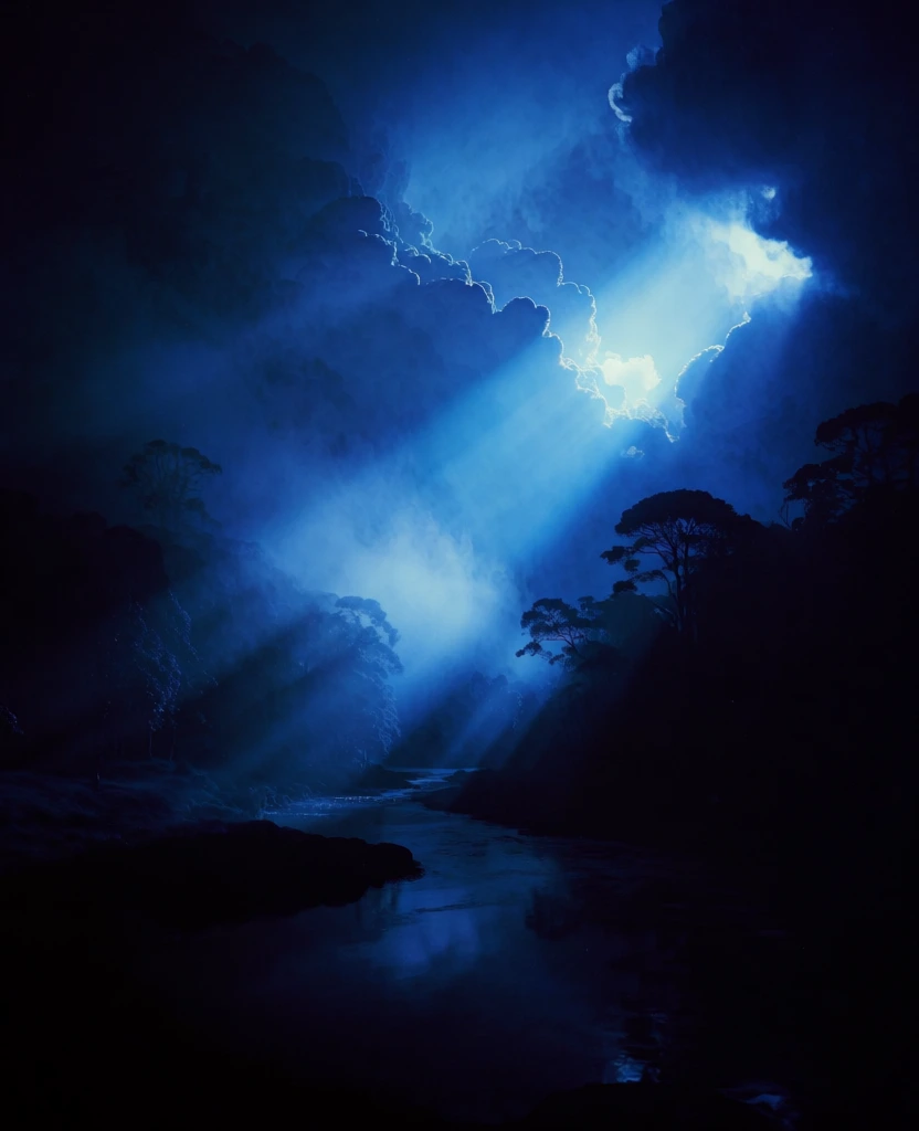 cinematic landscape of a winding river through a dense forest under towering cumulus clouds, monochromatic deep blue color palette, ethereal atmosphere with thick fog and heavy atmospheric haze, dramatic high contrast silhouettes of trees against a brilliant diagonal beam of light, moody and mysterious aesthetic, soft grainy texture, majestic god rays piercing through cloud breaks, dark shadowy foreground, glassy water reflections, surreal dreamlike quality, professional fine art photography sty