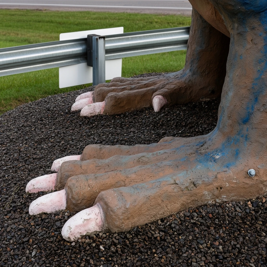 Two massive, sculpted reptilian feet rest on a mound of dark, coarse gravel. The heavily textured, concrete-like limbs are painted in mottled shades of earthy brown with faded streaks of blue. Each foot features thick toes terminating in pale, pinkish-white blunt claws, with a small metal bolt visible on the surface of the nearest appendage. Behind the sculptural feet, a silver corrugated metal highway guardrail separates the gravel from a manicured green lawn and the edge of an asphalt road. A plain white rectangular placard is attached to the guardrail. The naturalistic photograph uses a low camera angle and diffuse daylight to emphasize the rough, rugged surface of the artificial creature against the everyday roadside environment.