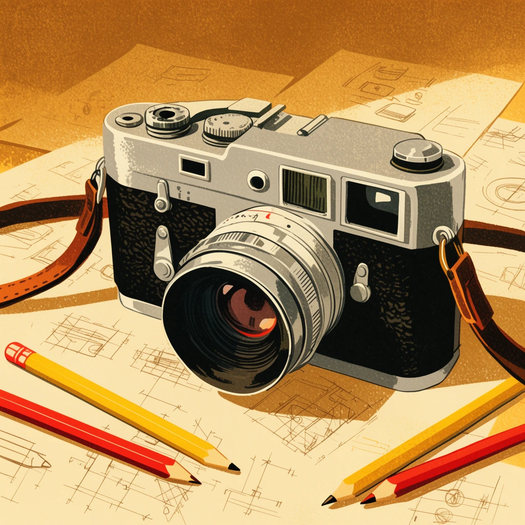 vintage silver and black rangefinder camera with strap, resting on scattered technical sketches, yellow and red pencils, retro digital illustration, warm sepia and ochre palette, stippled grain texture, sharp cast shadows