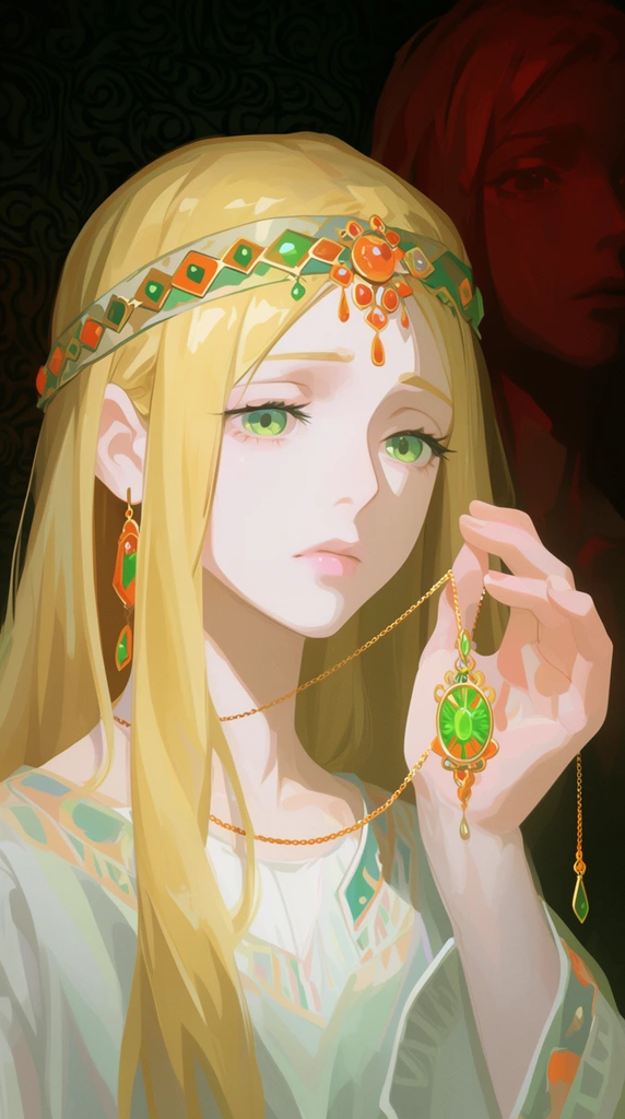 pale young woman with long blonde hair and green eyes, wearing a jeweled headband, raising hand to hold an ornate green and orange pendant necklace on a thin gold chain, melancholic expression, shadowy reddish silhouette of a face looming behind her shoulder, dark patterned background, 2D digital illustration, anime style, soft dramatic lighting
