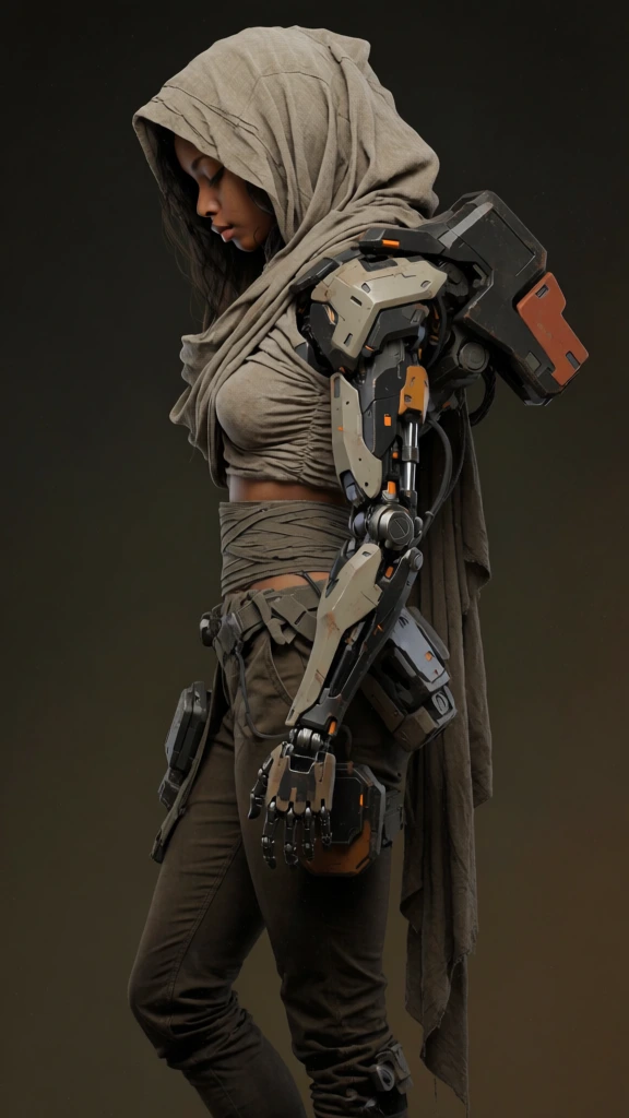 A full-body futuristic portrait shows a young woman standing in left-facing profile, calm and introspective, wrapped in a hooded desert-toned outfit while one entire arm and shoulder are replaced by a large, highly engineered robotic prosthetic. Digital illustration, hyperreal 3D concept art, sci-fi character design, cyberpunk-adjacent, post-apocalyptic fashion, cinematic studio portrait, ultra-detailed hard-surface rendering, soft cloth simulation, subdued mood, sleek, tactical, elegant, solitary, high visual complexity, reminiscent of Syd Mead, Vitaly Bulgarov, Beeple, Ash Thorp, muted khaki and taupe palette, black mechanical core, burnt orange accent panels, warm brown skin tones, low-saturation neutrals, soft diffused lighting, medium contrast, crisp focus throughout, clean background gradient, no visible noise, no motion blur, no lens distortion, polished render finish. The figure stands almost centered but slightly left of center, occupying nearly the full height of the image from hood to boots. Her head is bowed slightly forward and turned to the left, showing a smooth side profile with closed or downcast eyes, a straight nose, full lips, and a serene expression. A large hood in dusty beige drapes over her head, casting shadow over her upper face; dark hair falls in soft strands around her cheek and neck. A wrapped scarf-like cowl covers her shoulders and upper chest, blending into a fitted, ruched crop top that exposes a narrow strip of lower abdomen at center. Her waist is tightly wrapped in matching fabric, emphasizing a slim, curving silhouette. The right side of her body is dominated by a bulky mechanical shoulder assembly extending outward and backward, with layered armor plates, screws, joints, and a boxy sensor-like module near the upper back. The robotic arm runs down along her side: black inner actuators and circular joints are exposed, while angular khaki armor shells and orange inserts punctuate the elbow, forearm, and wrist. The mechanical hand hangs near the upper thigh. Around her hips sits a tactical belt with pouches and structural components, mirrored by armored modules strapped to both thighs. Her fitted pants are heavily wrinkled down the legs, with kneepad-like armor on both knees and sturdy boots at the bottom edge. The background is empty, a smooth dark olive-to-brown gradient that isolates the character and enhances the sculptural profile.
