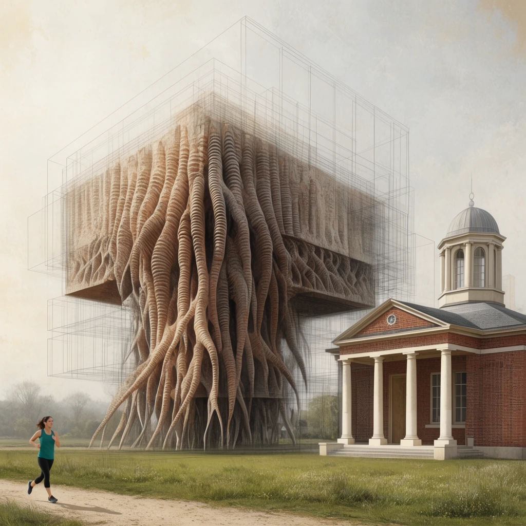A digital architectural visualization merges a futuristic organic structure with a traditional red-brick building under a hazy sky. An elevated blocky volume dominates the center heavily textured with deep ribbed root-like formations cascading down its sides and enclosed by faint three-dimensional wireframe grids. To the right stands a classical brick pavilion featuring white columns and a domed cupola. In the foreground a woman in a teal top jogs along a dirt path bordering a grassy field. The composition blends photorealism with conceptual graphic overlays in an earthy color palette.