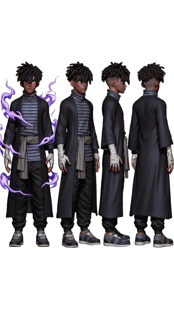 A character design sheet displays four full-body views of a young man with dreadlocks wearing dark martial arts attire against a solid white background. The character has dark skin and black hair styled into short, thick dreadlocks that radiate outward from the crown of his head, complemented by a shaved undercut on the sides and back. In each view, he wears a long, black, open-front robe with wide sleeves over a dark grey, horizontal-striped turtleneck shirt. A thick grey fabric sash is knotted around his waist with long ends hanging down. His forearms and hands are tightly wrapped in white bandages, leaving his fingertips exposed. He wears baggy black trousers tucked into dark grey socks and chunky black sneakers. The figures are arranged horizontally from left to right, showing the character from a front-facing perspective, a three-quarter turn, a full side profile, and a direct rear view. The leftmost, front-facing figure is surrounded by translucent, swirling wisps of purple energy that coil around his torso and limbs. The illustration is rendered in a modern comic book style with clean, black ink outlines and subtle cel-shading for depth. The overall color palette is dominated by monochrome blacks, greys, and whites, accented by the character's skin tone and the vibrant purple of the energy trails.