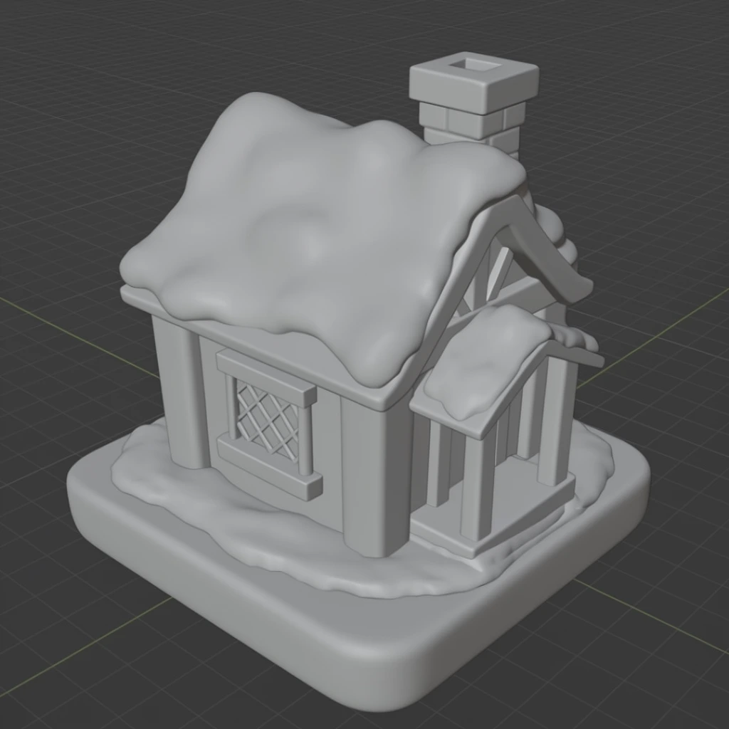 untextured 3D clay render of a stylized snowy cottage, smooth beveled edges, thick stylized snow on roof and square base, lattice window, chimney, front porch, dark gray grid background