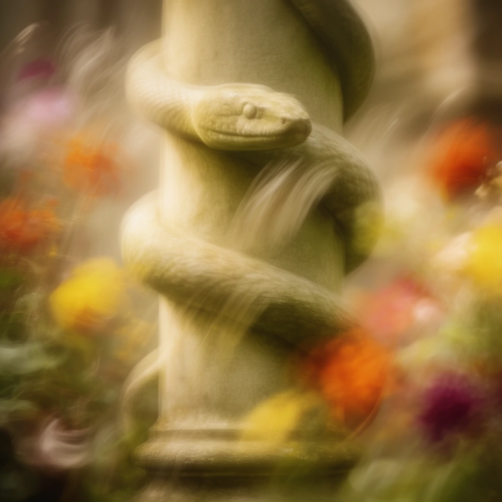 A sculpture of a snake coiled tightly around a vertical stone pillar, rendered with an ethereal, impressionistic aesthetic characterized by severe sweeping motion blur. The forms of the stone and the sculpted serpent are heavily softened by an intense directional smudging effect, producing feathery, elongated streaks that sweep fluidly across the frame. Heavily diffused, glowing illumination casts a soft, luminous quality over the central sculpture. The color palette features dominant muted olive greens, golden ochres, and warm beiges, interspersed with highly blurred, vibrant splashes of burnt orange, bright yellow, and deep magenta scattered throughout the composition. Defocused, swirling bokeh and long-exposure-style light streaks frame the foreground, dissolving the surrounding environment into a dreamlike, painterly vortex of vibrant color patches and sweeping atmospheric textures.
