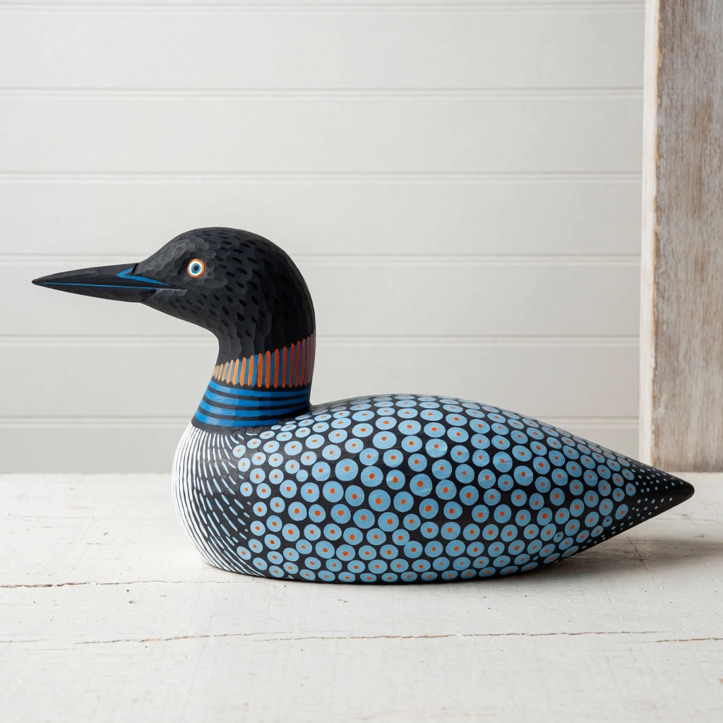 A stylized wooden loon figurine, intricately hand-painted with vibrant geometric patterns, rests on a white wooden surface against a minimalist paneled background. The figurine, carved with a sleek and low profile, features a matte black base color. Its head is decorated with subtle, dark teardrop-shaped brushstrokes, while its eye is composed of concentric rings of orange, blue, and white with a black center. A single, thin blue line runs horizontally along the center of its pointed black beak. Encircling the neck is a decorative band of vertical orange and blue stripes, which transitions into horizontal stripes of the same colors at the base of the throat. The entire back and sides of the bird are covered in a uniform pattern of light blue circles, each containing a small orange dot in the center. The bird is positioned in a side-profile view on a white-painted wooden floor or table with visible grain and small cracks. The background consists of a white wall with horizontal grooves, similar to shiplap. Soft, diffused lighting from the front-left casts a gentle shadow to the right of the object, emphasizing its three-dimensional form and the matte texture of the painted wood. The composition is clean and centered, utilizing a shallow depth of field that keeps the subject in sharp focus against the simple, neutral surroundings.
