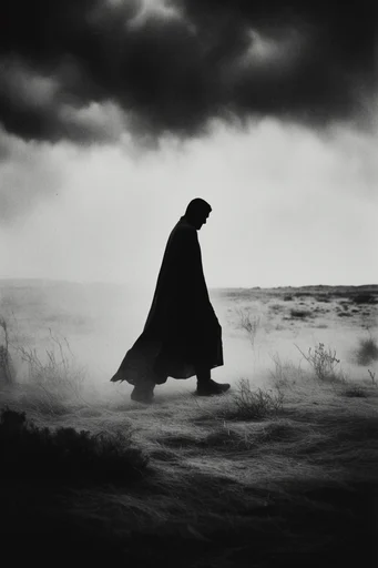 Monochrome Liminal Noir style reference image — heavy analog film grain